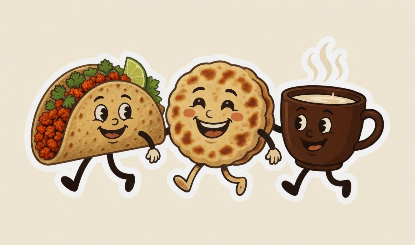 Taco, pupusa, and coffee
